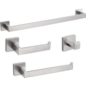 4-Piece Bathroom Hardware Set, Towel Rack Towel Bar Towel Holder Toilet Paper Holder Towel Hooks Modern Square Premium Stainless Steel Brushed Nickel Wall Mounted Bathroom Accessories Set (16inch)