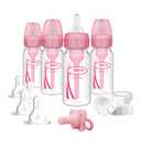 Dr. Brown's Anti-Colic Baby Feeding Set with Slow Flow Nipples, Travel Caps, Silicone Pacifier - Pink (Pink, Breast to Bottle Feeding Set)