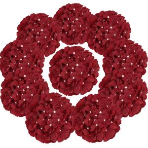 Flojery Silk Hydrangea Heads Artificial Flowers Heads with Stems for Home Wedding Decor,Pack of 10 (Burgundy)