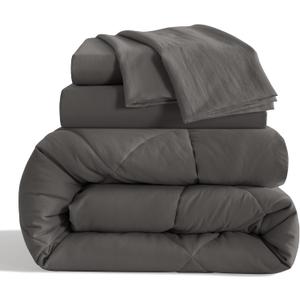 Twin Size Comforter Set, 5 Pieces Soft Bedding for All Seasons, Bed in A Bag, Kids Bedding Set with 1 Comforter, 1 Fitted Sheet, 1 Flat Sheet, 2 Pillowcases, Dark Grey