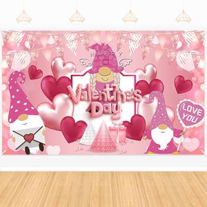  Valentines Day Photography Backdrop, Happy Valentines Day Banner Backdrop, Red Pink Love Hearts and Gnomes Design Party Supplies, for Valentines Day Party Decorations(6x3.6ft)