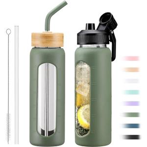 32oz Glass Water Bottle with Straw and 2 Lids-Bamboo and Spout Lid, Borosilicate Glass Water Bottle with Silicone Sleeve and Time Marker,BPA Free & Cupholder Friendly,Olive