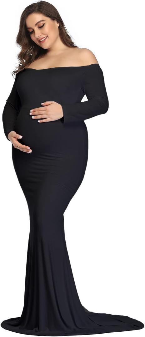 Mommy Jennie Long Sleeve Maternity Dress for Photoshoot Stretchy Pregnancy Fitted Gowns for Baby Shower (Large, Black)