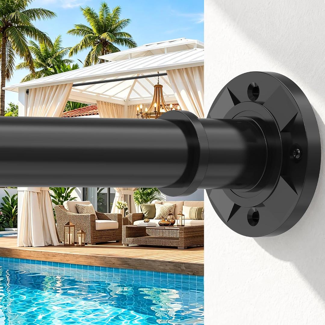 Tension Curtain Rod Extra Long Outdoor Curtain Rod Black Shower Curtain Rods No Drilling 31-168 In（2.58-14Ft）Adjustable Spring Tension Rods Heavy Duty for Bathroom Patio Window Rust Proof