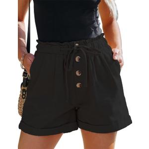 ANFTFH Womens Casual Shorts Summer Drawstring Elastic Waist Comfy Shorts with Pockets (Black, L)