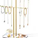 pickpiff Necklace Holder Jewelry Organizer Stand  2Tier TBar Jewelry Display Tree with Tray for Countertop Necklace Bracelet Earring Storage, Vanity Dresser Bathroom Sink, Gold