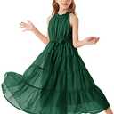 GRACE KARIN Girls Halter Neck Dress Sleeveless Casual A-line Flowy Summer Maxi Dress for 10 Years, Green