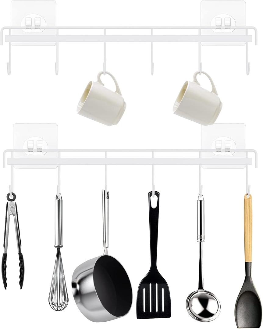 2 x Kitchen Utensil Hanger, Adhesive Utensil Holder Wall Mount Kitchen Rack Rail with 12 Hooks, Space Saving and No Drilling, White, 2 Pcs