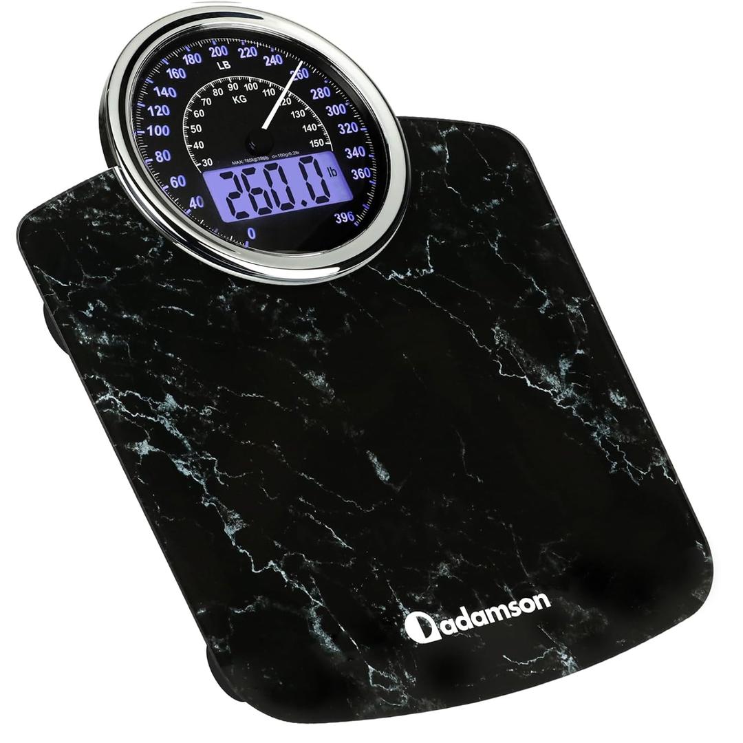 Adamson Hybrid 2-in-1 Analog & Digital Weighing Scale for Body Weight up to 400lbs + Thick Tempered Glass + Extra Large Display + Easy to Read Digital Bathroom Scale + New - Marble Black