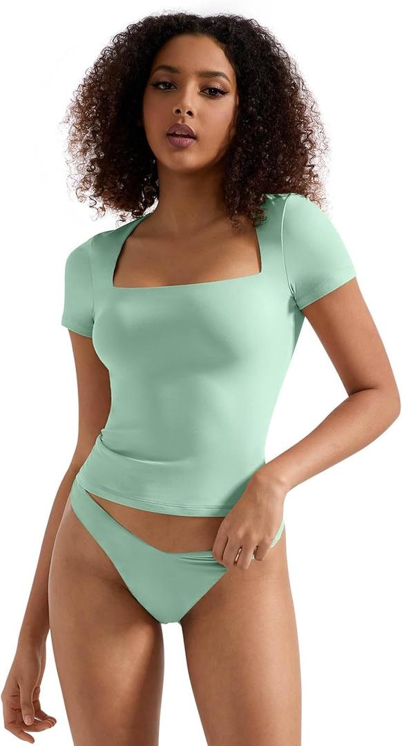 SUUKSESS Women Double Lined Fitted Basic Tee Square Neck Short Sleeve Y2K Crop Top (Green, L)