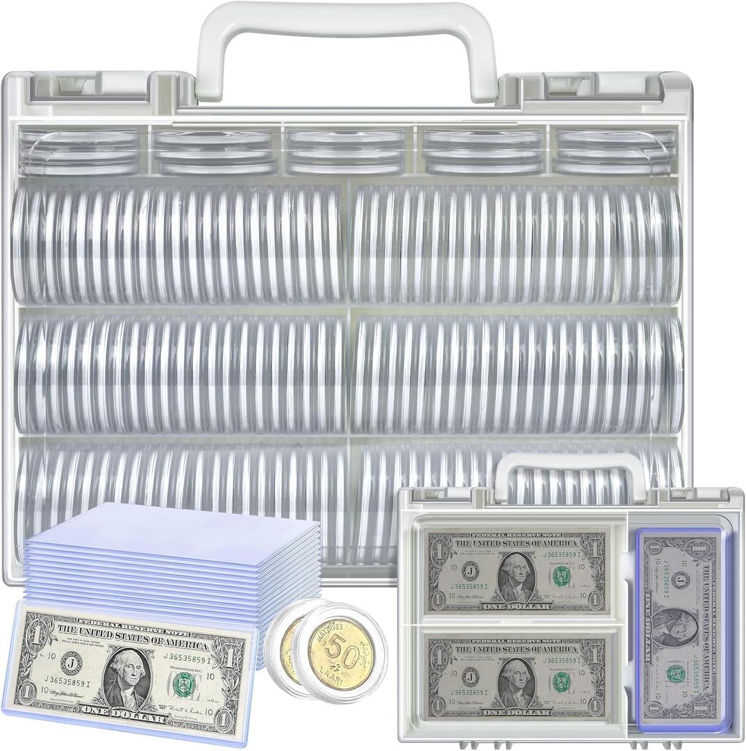 FULLCASE Coins Collector Case Holder Coin Capsules 46mm with 6 Sizes Foam Gasket (141 Pcs), Hard Paper Currency Sleeves (20 Pcs), Soft Dollar Bill Sleeves (200 Pcs) Storage Organizer Box (White)