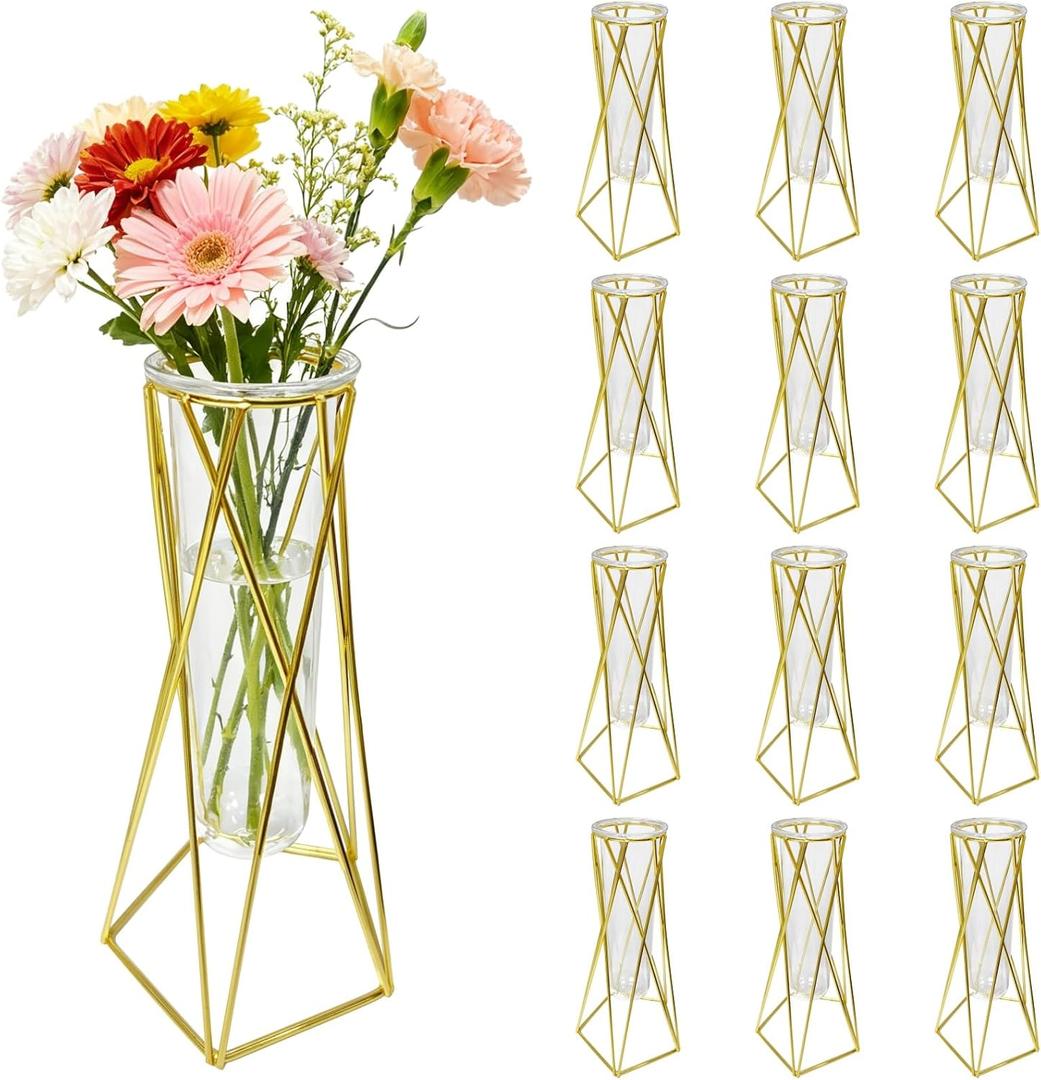 12 PCS Golden Geometric Vase for Centerpieces, Glass Tube with Metal Stand, Modern Wedding Table Decoration, Hydroponic Flower Holder Plant Pot for Home Office Party Decor
