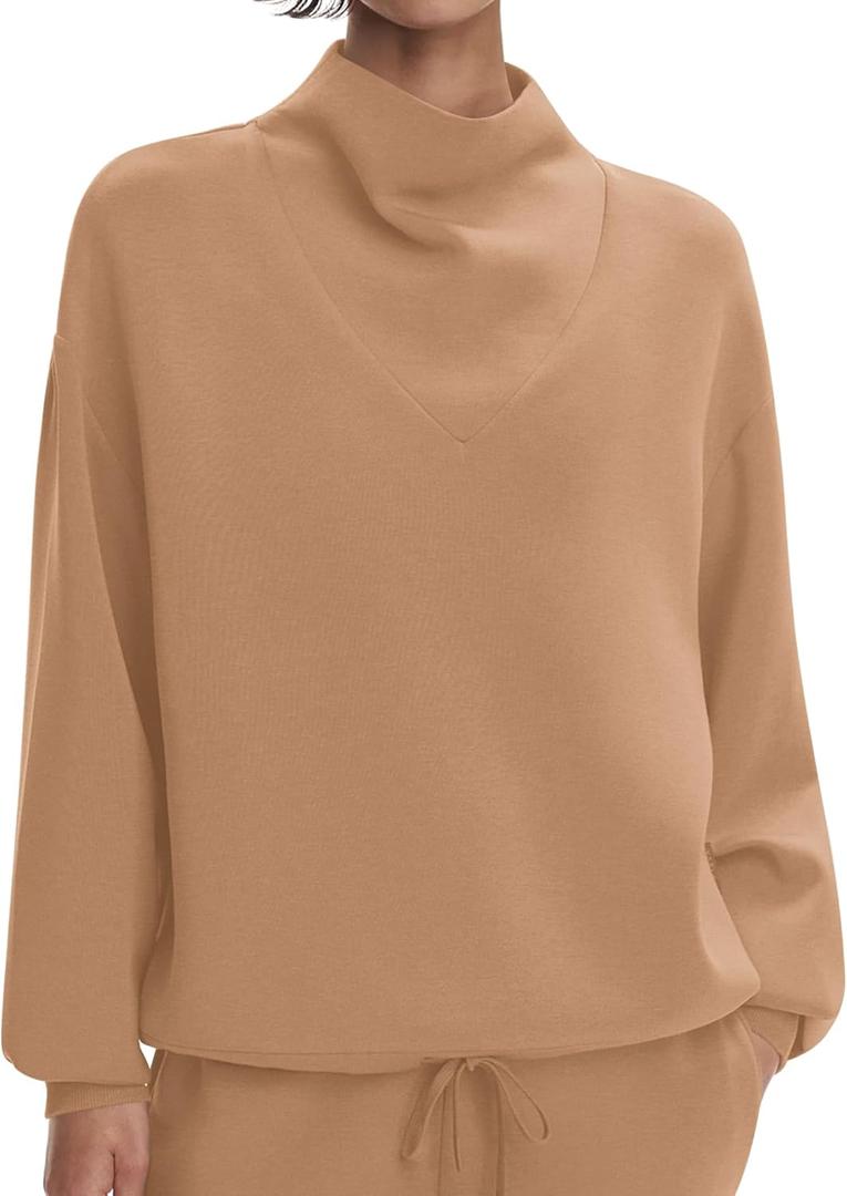 Amoretu Womens Mock Cowl Neck Sweatshirt Lightweight Loose Fit Drop Shoulder Pullover Tops (Brown, XL)