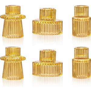 WELLIFE 6 Pcs Amber Glass Candle Holder, Taper Candle Holder, Amber Glass Candlestick Holder for Party, Wedding Decorations, Table Centerpieces and Thanksgiving