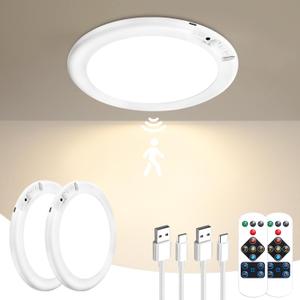 2 Pack Rechargeable Motion Sensor Ceiling Light with Remote - Magnetic Wireless Ceiling Light Battery Powered for Closet Shower Stairs Shed Hallway ect (3 Colour Temperatures)