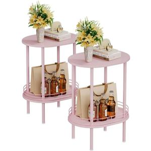 Pink Side Table Set of 2,Small Modern Round Side Table with Storage,2-Tier End Table for Small Space -Living Room,Bedroom, Nursery (2PC,Pink) (2PC Oval(11.8*15.8inch))
