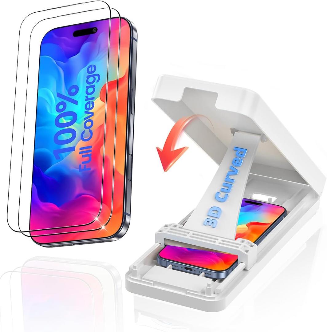 for iPhone 16 Pro Max Shatterproof Screen Protector, Reusable Installation Tool, 3D Curved Tempered Glass, HD Clear Full Coverage, Military Drop Protection, 9H Hardness, Bubble-Free, Ultra-Smooth, Case Friendly 2-Pack