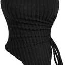 Floerns Women's One Shoulder Sleeveless Knitted Drawstring Asymmetrical Hem Ruched Tube Top (X-Large, Black)