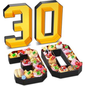 Paready 13.78'' Fillable Cardboard Number 30 Tray, Gold Black, Food Fillable Number 30 Box Flower Candy Cupcakes Container for 30th Anniversary Birthday Party Decoration