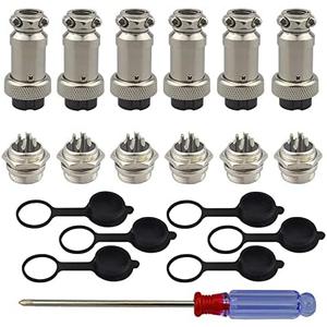 FULARR 6Pcs Premium GX16-4 Pin Aviation Connector Plug Adapter, 5A 16MM Thread Male Female Metal Panel Aviation Wire Connector Kit, with Rubber Protector Cap and Phillips Screwdriver