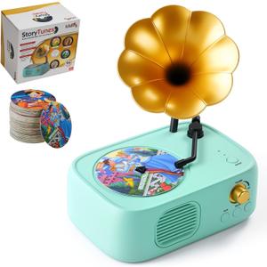 Kids Phonograph Toddler Record Player with 96 Learning Cards, Early Education Machine Record Player Music Box Storyteller pop Speakers, Gift for Boys and Girls (Blue)