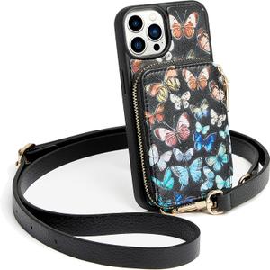 ZVE for iPhone 13 Pro Max Crossbody Case Butterfly Design(6.7 inch), Zipper Phone Case with RFID Blocking Card Holder Wrist Strap Purse Cover for iPhone 13 Pro Max, 6.7"-Colorful Butterfly