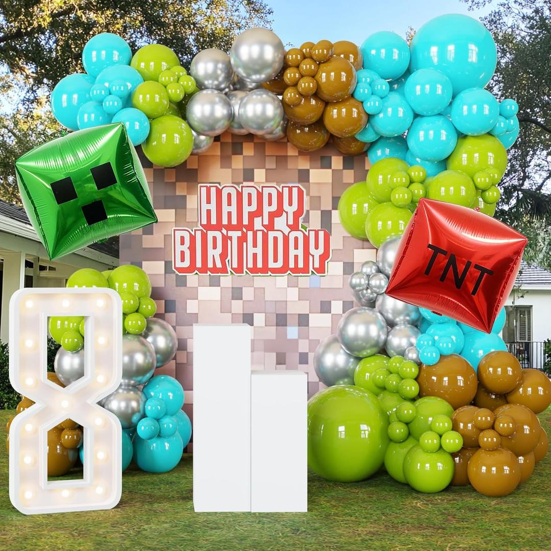 ECEAE 127Pcs Video Game Balloon Arch Garland Kit with Green Teal Blue Brown Metallic Silver Balloons, for Gaming Theme Party Decor, Birthday Party Supplies, Kids' Party Crafts and Decorations