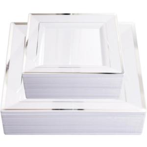 Liacere 100PCS White and Silver Square Plastic Plates - 50PCS Heavy Duty 9.5inch White Dinner Plate and 50PCS 6inch Dessert Plates-Silver Disposable Plate for PartyWedding