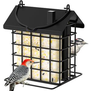 Gbekery All-Metal Double Suet Bird Feeder for Outdoors Hanging, Suet Cake Cage Holder with Weather-Resistant Roof & Perch for Outside Garden, Black
