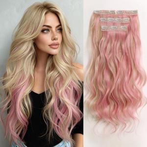 Clip in Hair Extensions 25 Inch 4PCS Long Wavy Synthetic Hair Pieces for Women - Heat Safe Thick Natural Fake Hairs Extensions Double Weft Clip Ins Party Daily Use Blonde Mix Pink