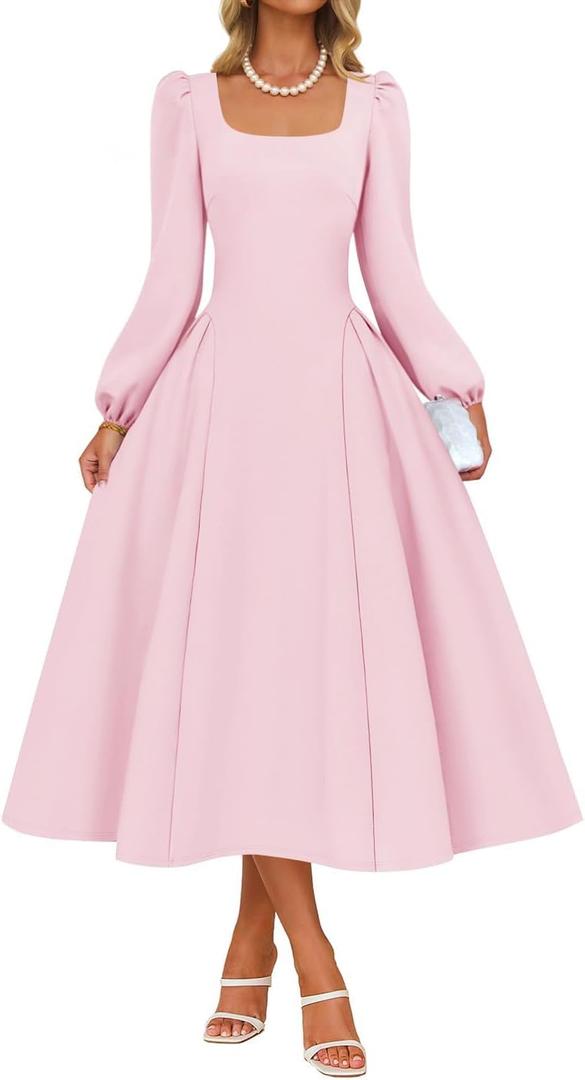 ZESICA Women's Long Sleeve Midi Dresses 2026 Fall Square Neck Swing A Line Wedding Guest Evening Prom Dress (Pink, S)