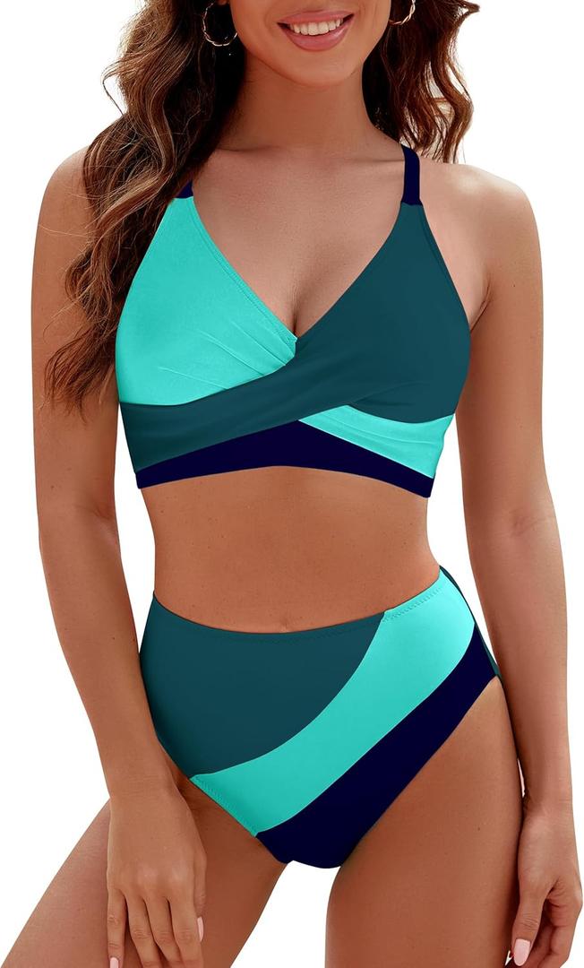 Blooming Jelly Womens High Wasited Bikini Sets Tummy Control Swimsuits Curvy Mesh Swim Skirt (L, Green)