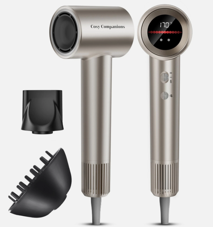 Cosy Companions Hair Dryer, 150000 RPM HighSpeed Hairdryer for Fast Drying, Low Noise, HD Display, 5 Temps & 2 Speeds, 500 Million Negative Ionic Blow Dryer, Gold