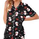 Schbbbta Women Pajamas Set, 2 Pieces Satin Silk Button Down Pjs Short Sleeve Outfits Loungewear (X-Small, R Christmas Snowman Black)