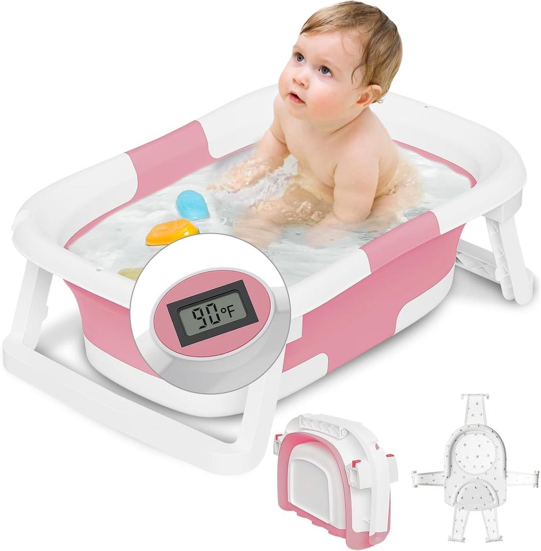 Collapsible Baby Bathtub,Baby Bath Tub with Soft Cushion & Thermometer,Baby Bathtub Newborn to Toddler 0-36 Months,Portable Travel Baby Tub (Dark Pink)