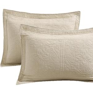 WINLIFE 100% Cotton Quilted Pillow Sham Floral Printed Pillow Cover (Standard, Beige) (26" x 20" (Pack of 2))