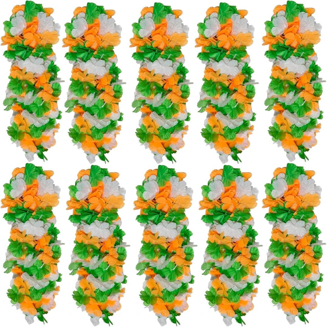 100 Pack St Patricks Day Hawaiian Leis Bulk, Green Orange White Silk Flower Leis For Irish St Patrick's Day Party Accessories Set