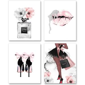 Watercolor Fashion Women Wall Art Glam Poster Modern Artwork for Girls Bedroom Pink Flowers Perfume Handbag High Heel Lips Paintings for Women Room Bathroom Gift (8x10 inchSet of 4Unframed)
