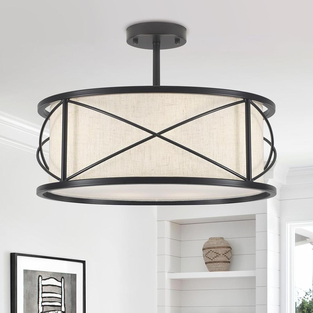 Luupyia 17.71 Inches Drum Ceiling Light with Metal and Fabric Shade, 4Lights Large Fabric Chandelier Drum Ceiling Light, Height Adjustable Simple Pendant Lighting Fixture for Bedroom Dining Room E26