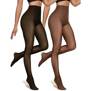 Womens 2 Pack Fleece Lined Tights Fake Translucent Pantyhose Thermal Opaque High Waisted Leggings Footed Sheer Tights L