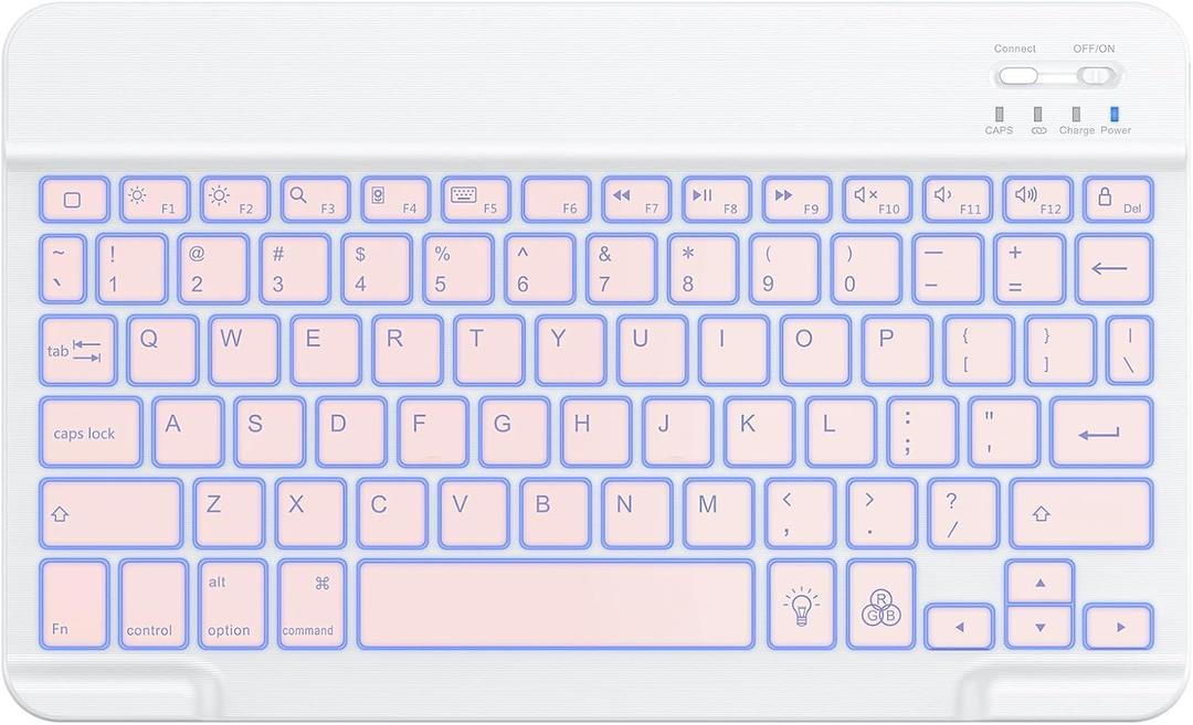 OMOTON Bluetooth Keyboard, Wireless Rechargeable Keyboard for iPad, iPad Pro, iPad mini, iPad Air with Illuminated LED (White Pink)