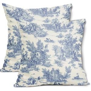 aportt French Country Pillow Covers Set of 2 20x20 Inch Vintage Toile Blue Cotton Linen Polyester Decorative Throw Pillow Case Cushion Cover for Bedroom Sofa Living Room Couch Chair Office