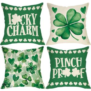 St Patricks Day Decorative Throw Pillow Covers 18 x 18 Set of 4, Lucky Charm Shamrock Clover Porch Outdoor Home Decor, Pinch Proof Love Hearts Irish Spring Sofa Couch Cushion Case