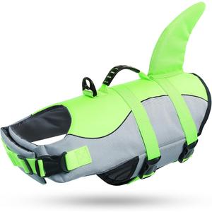 Queenmore Dog Life Jacket Ripstop Shark Dog Safety Vest Adjustable Preserver with High Buoyancy and Durable Rescue Handle for Large Dogs, Green Shark Large