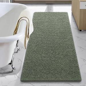 LOCHAS Luxury Bathroom Rug Shaggy Bath Mat 24 x 54 Inch, Washable Non Slip Bath Rugs for Bathroom Shower, Soft Plush Chenille Absorbent Carpets Mats, Sage Green
