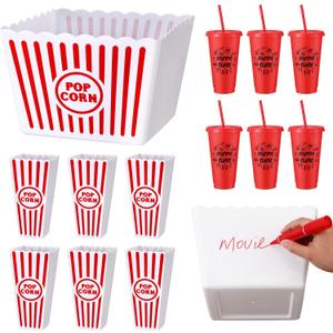 Reallnaive 15 Pcs Movie Night Popcorn Organizer Set Family Red & White Striped Plastic Popcorn Container Reusable Drinking Cup for Holiday Parties, Family Gatherings & Home Theater