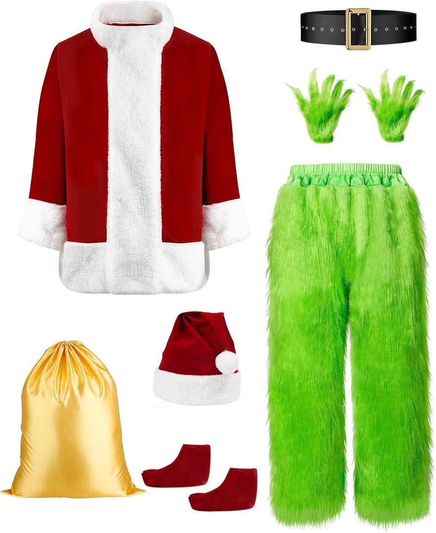 Green Santa Claus Costume for Men Furry Santa Suit Deluxe Complete Adult Santa Costume for Christmas Cosplay Holiday (Large)