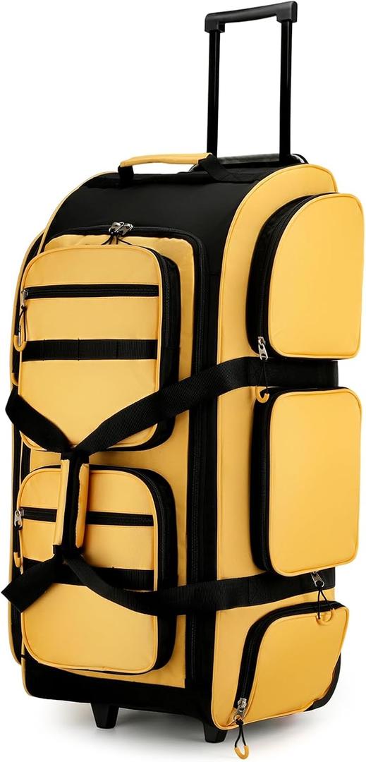 Searock 90L Rolling Duffle Bag with Wheels and Handle, 31 Large Duffle Bag for Travel, Carry On Luggage Duffel Bag with Shoe Compartment, Multi-Pocket, Water Resistant, Yellow
