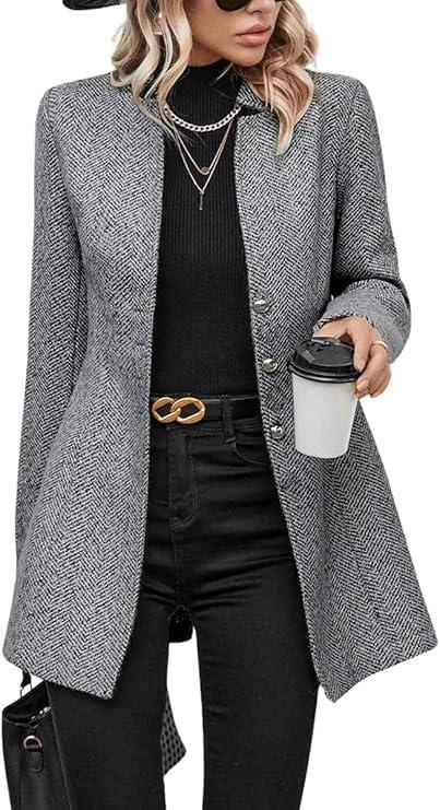 yoeasy Women's Stand Collar Single Breasted Pea Coat Casual Wool Blend Mid Long Trench Coat Winter Jackets, Size Small