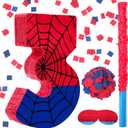 Number 3 Spider Web Piata Bundle with Blindfold Small Piata for Kids Birthday Party Decoration Mexican Fiesta Cinco De Mayo Anniversary Celebration Gift, 15.75 x 11 x 2.8 In(Red Blue)